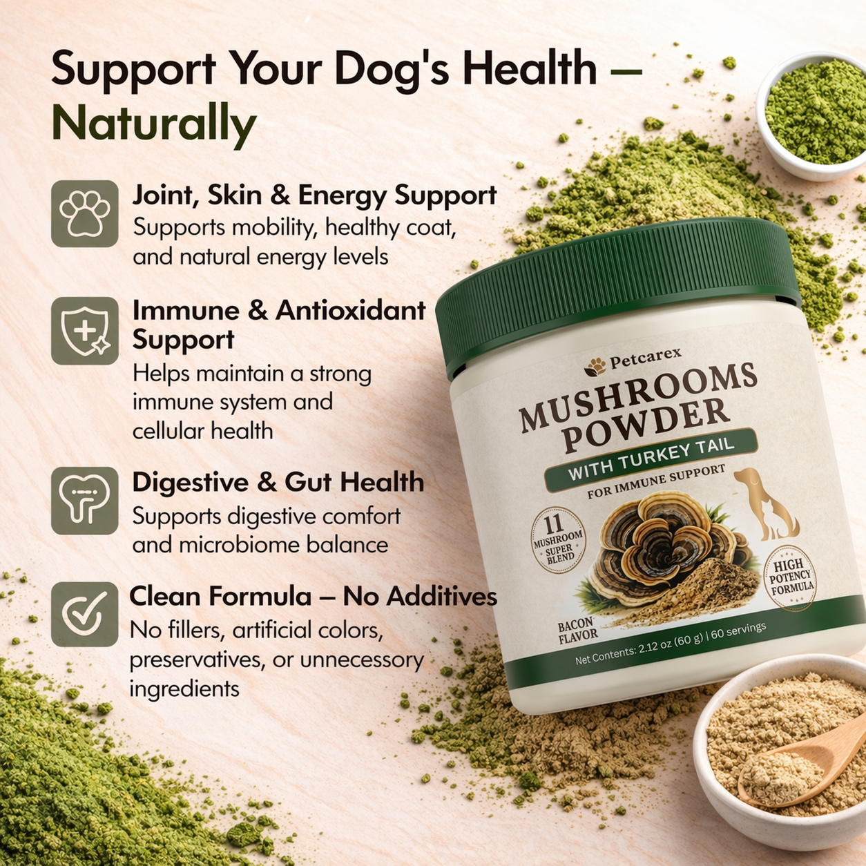 11 Mushroom Powder for Dogs and Cats – Turkey Tail, Lion’s Mane, Shiitake and Reishi – Daily Pet Wellness Supplement - Image 2